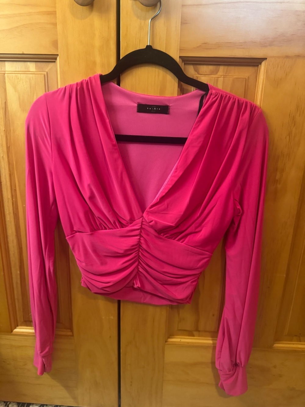 Ruched V-Neck Long Sleeve Blouse in Hot Pink